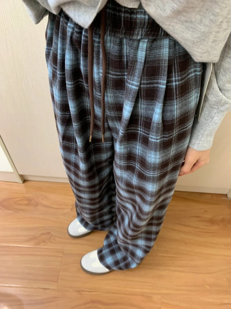 Pants Women Retro Spring Loose Full Length Elastic Waist Plaid Leisure All-match Korean Style Wide Leg Trousers Students Trendy