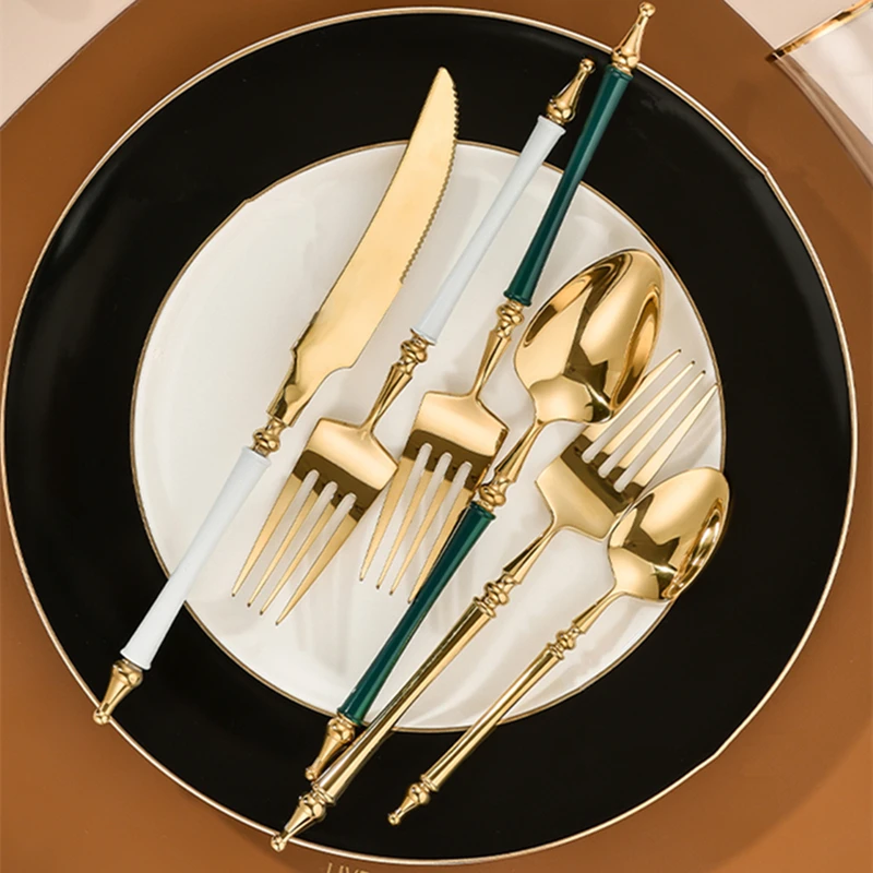 New High Quality 304 Stainless Steel Green Gold Cutlery Set Golden Flatware Set For 6 Tableware Dinnerware Dishwasher Safe