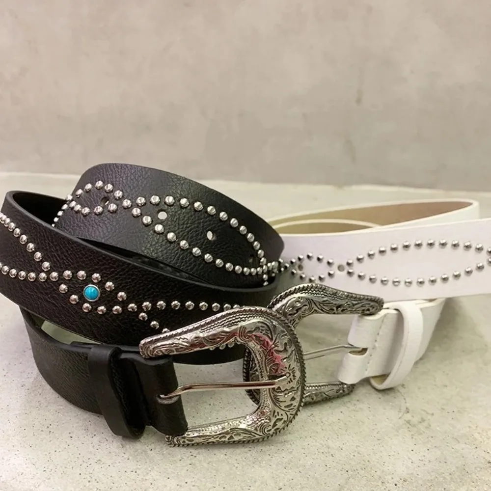 Cinturón Retro con diamantes de imitación para mujer, cinturón de cintura con remaches de estilo étnico de cuero PU, vestido americano, cinturón vaquero para mujer