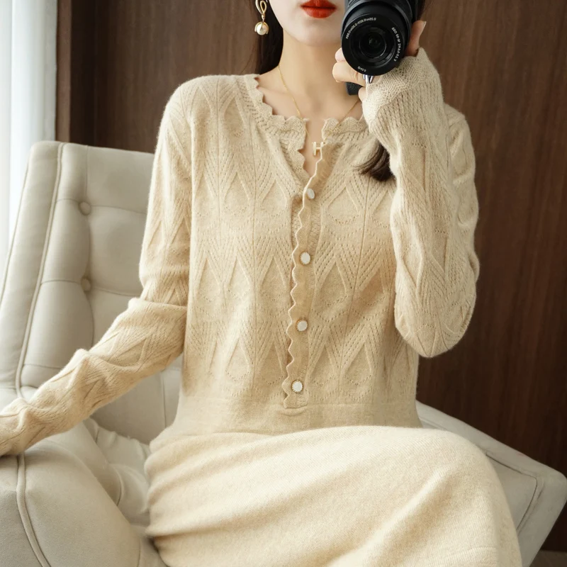 4 Colors New 2024 Simple and Elegant 100% Pure Wool Knit Dress Long Sleeve O Neck Ladies Cashmere Dress Pullover Long Sweater