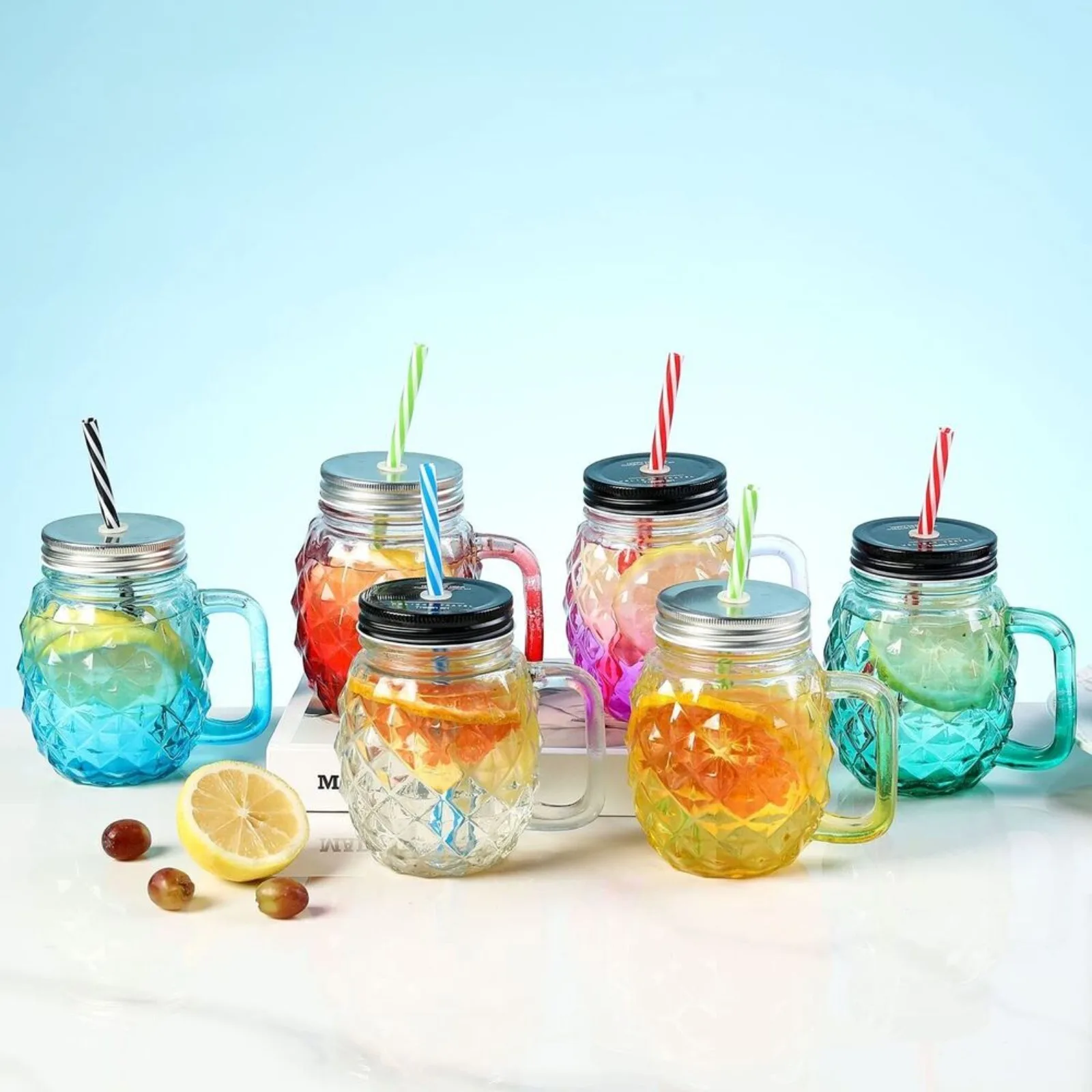 

Pineapple-Shaped Mason Jar Mug Glasses with Handles, Straws & Lids, Set of 6 United States