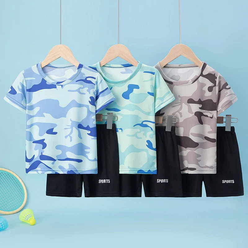 

2-Pcs Children's Quick-drying Camouflage Tie-dye Suit Boys Sports Running Basketball Football Clothes Girls Casual Joker T-shirt