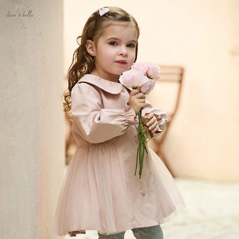 Dave Bella Children Elegant Mesh Jacket Girls Clothes Autumn Spring Kids Lapel Pink Topcoat Baby Sweet Outerwear Party DB1260241