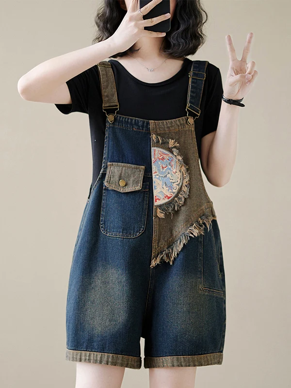 

New Chinese Sle Embroidered Denim Overalls orts High Waist Five-Quarter Length Summer Collection Tagl Tailored Fit