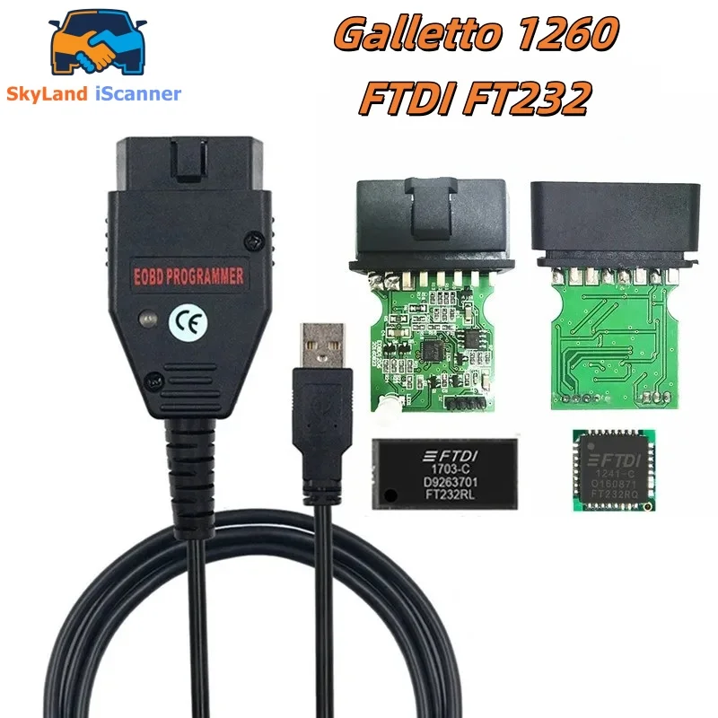 مبرمج Galletto 1260 FTDI FT232RQ RL EOBD ECU قراءة وكتابة وحدة التحكم الإلكترونية للسيارة المتعري يعمل على تشخيص متعدد السيارات obdii متعدد اللغات