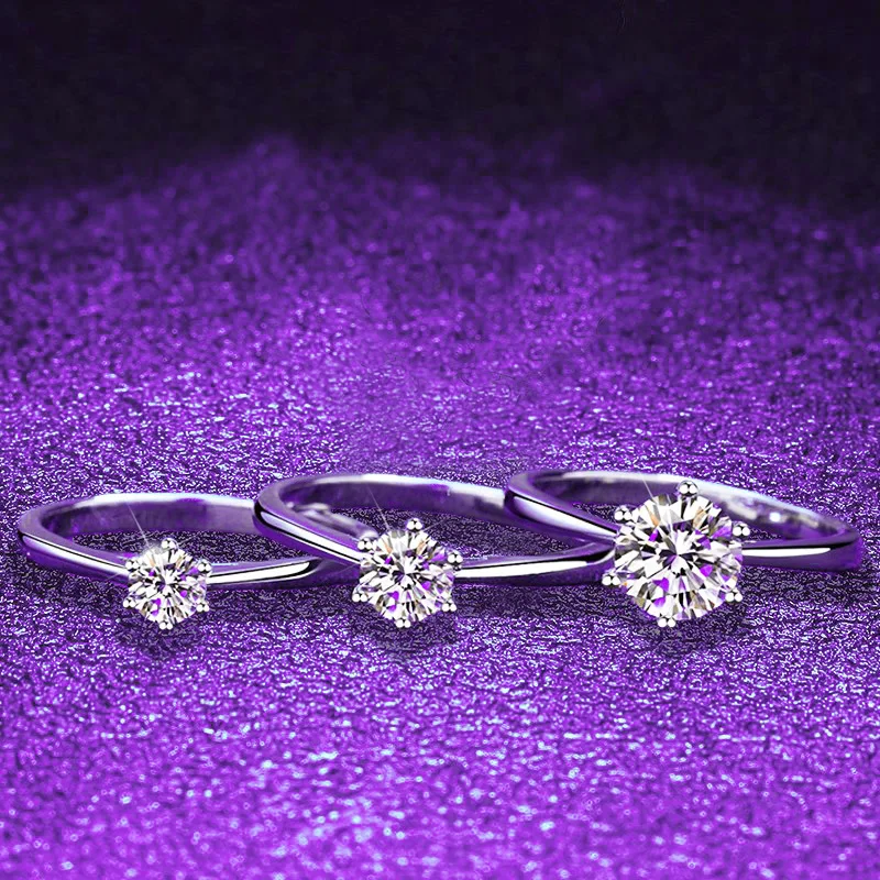 

S925 Silver White Gold Plated 0.3/0.5/1/2CT D Color Moissanite Plain Shank 6-Prong Solitaire Ring, US Size 5-9