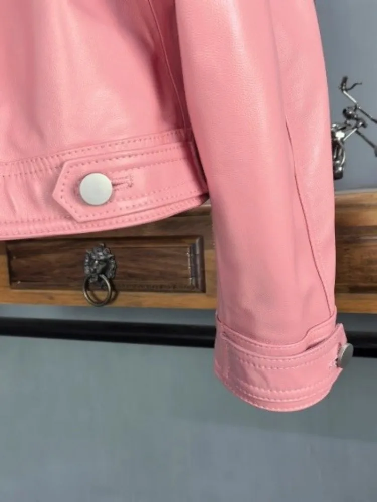 Giacca da donna in vera pelle primavera manica lunga rosa Sheespkin streetwear colletto couverture personalità signora moto cappotto corto