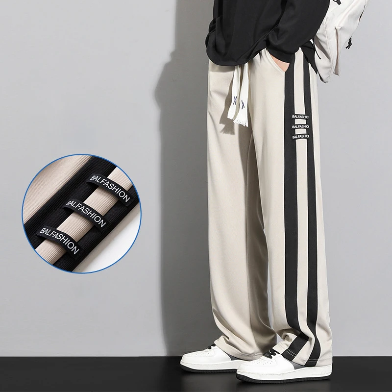

Корейские популярные полосатые прямые брюки, мужская модная уличная одежда, мужские брюки большого размера, весенне-осенние тонкие повседневные брюки на шнурке