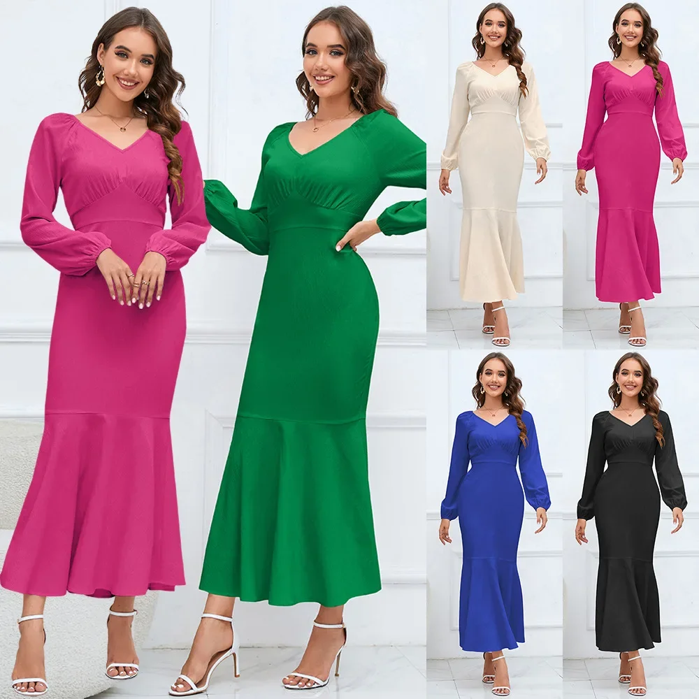 

Women's V-neck Dresses, Long Sleeves, Mermaid Skirt, Tighten the Waist, Slimming, Slim Fit, Temperament, Europe and America, Clo