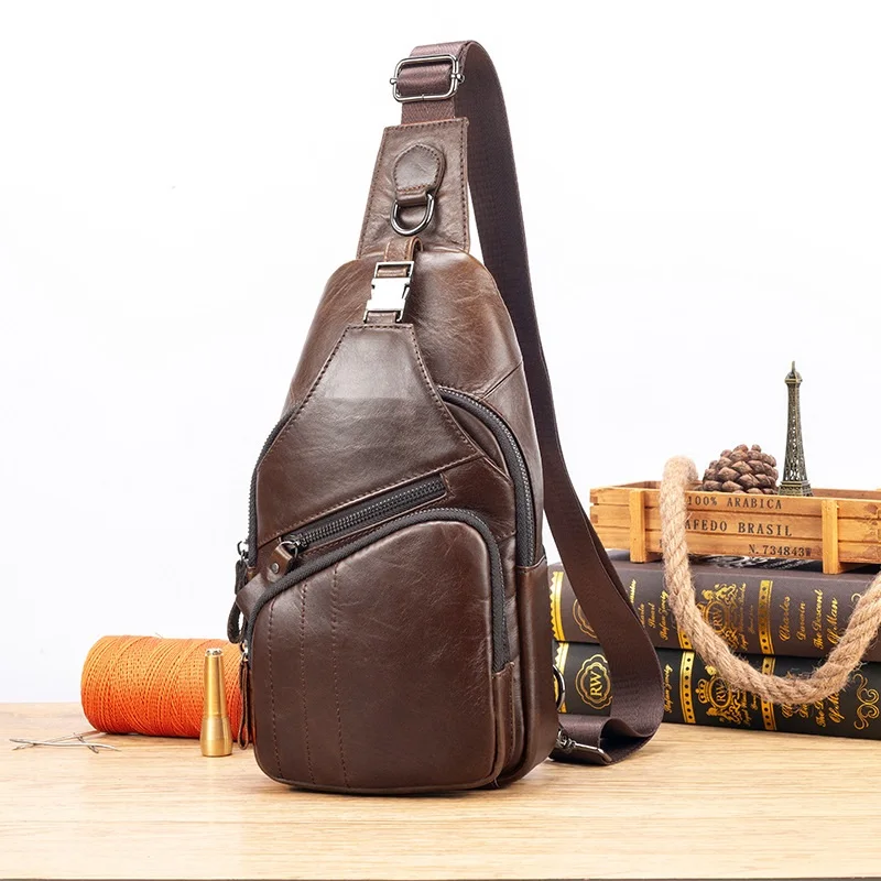 

2025 New Genuine Leather Chest Pack Man Fashionable Male Cowhide Satchels Small Cow Leather Shoulder or Sling Bag