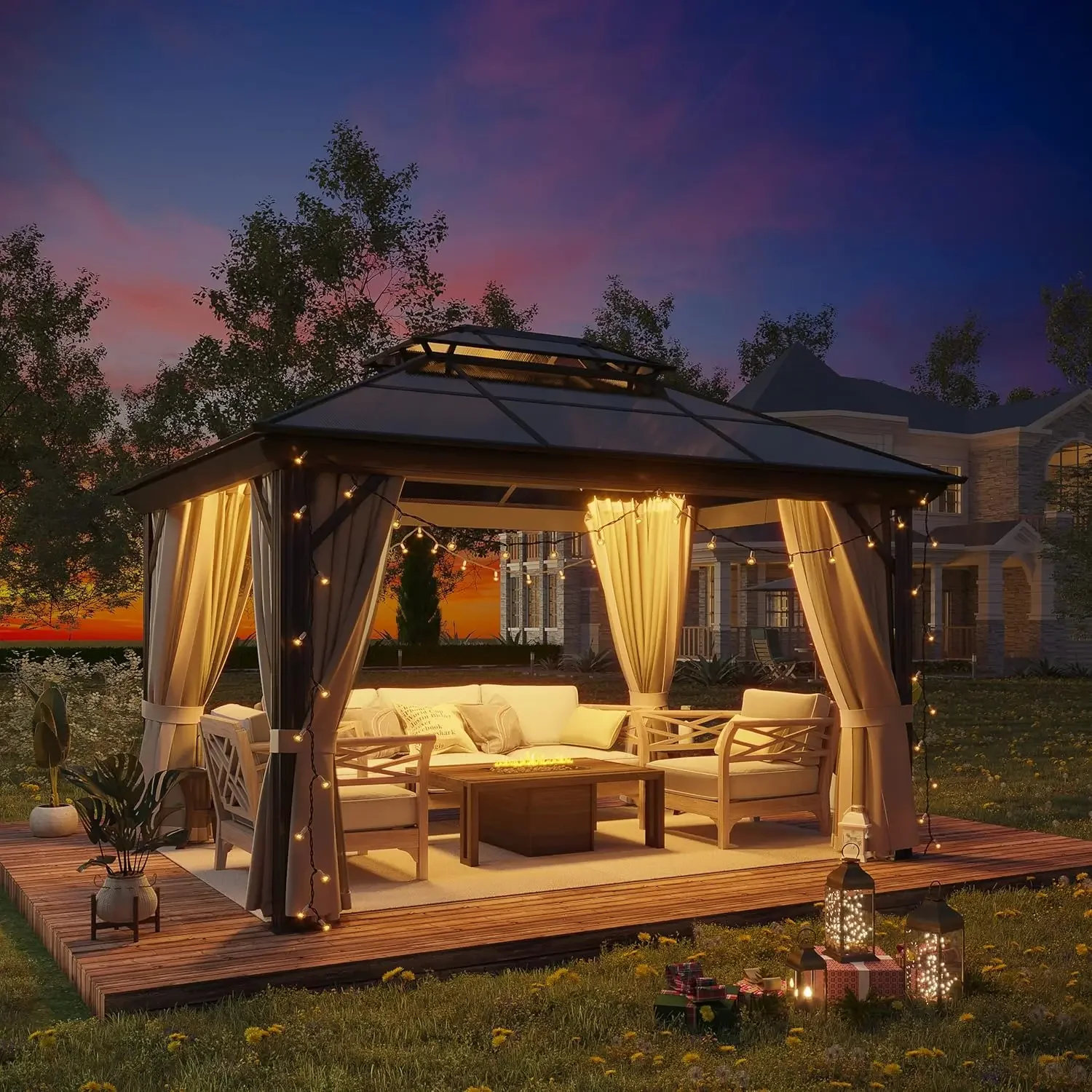 10' x 13' Permanent Hardtop Gazebo, Outdoor Polycarbonate Double Roof, Aluminum Frame, Privacy Curtains, for Patio, Garden