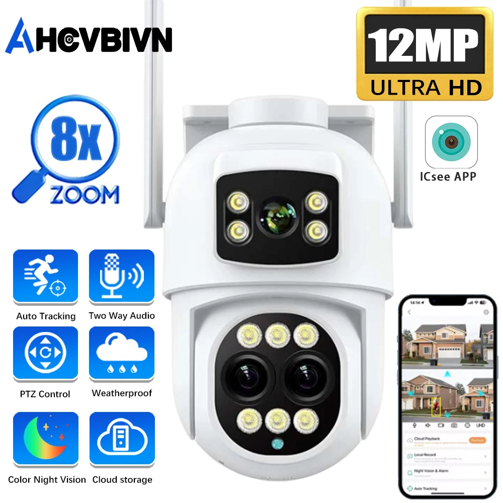 

12MP HD WiFi IP Camera Outdoor 8X Zoom Dual Screens PTZ Wifi Surveillance Camera Auto Tracking Night Vision ICSEE APP
