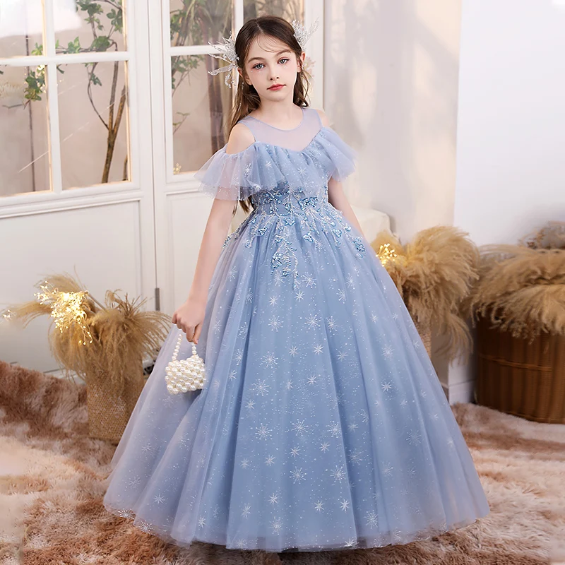 Girls dress round neck floor length sky blue mesh tulle skirt bridesmaid dress New Year's Day dress