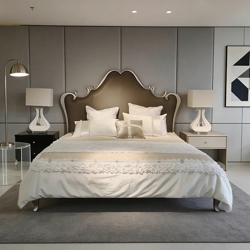 French wedding bed light luxury bed simple modern 1.8 meters solid wood double bed cream wind leather master princes