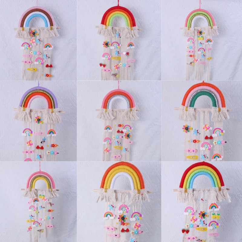 Nordic Style Hand-woven Rainbow Pendant Children's Room Hairpin Storage Clip Holder Strip Girl Room Hanging Accessory Organizer