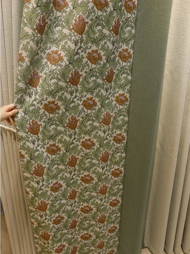 Pastoral Retro Green Jacquard Cotton Linen Thickened Splicing Curtains For Living Room Bedroom French Window Customized Finished