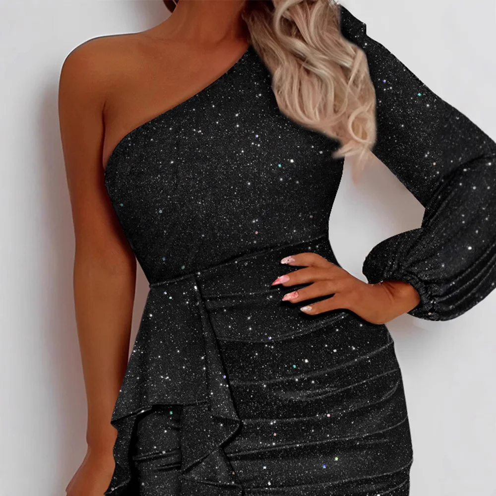 여성 하이 웨이스트 미니 드레스 반짝이 원 숄더 파티 드레스 Ruched Ruffles Bodycon Dress