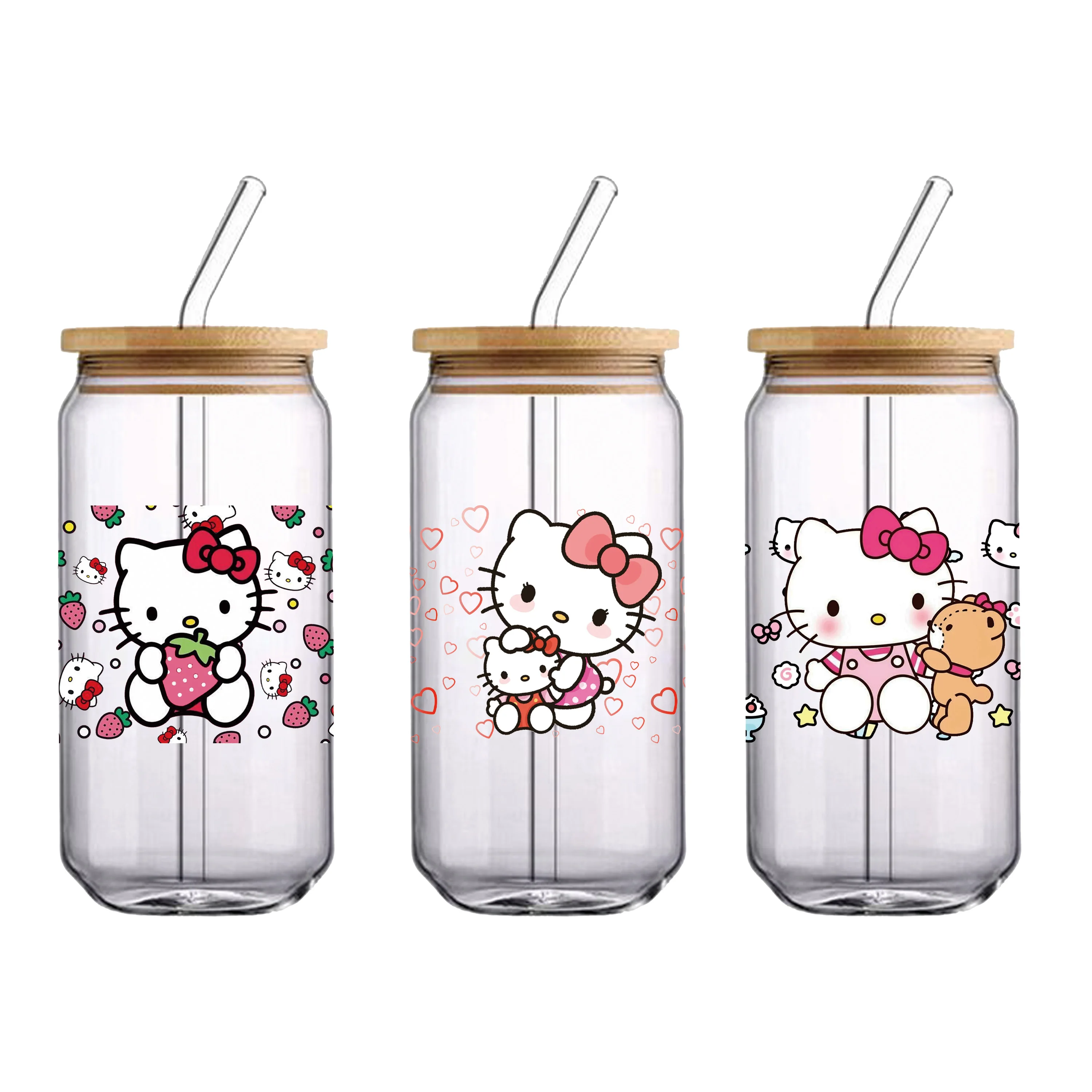 سانريو مرحبا كيتي 16 أوقية UV DTF كأس يلتف زجاجة ملصق للزجاج Libbey يمكن زجاجة ذاتية اللصق قابل للغسل مقاوم للماء لتقوم بها بنفسك مخصص #3