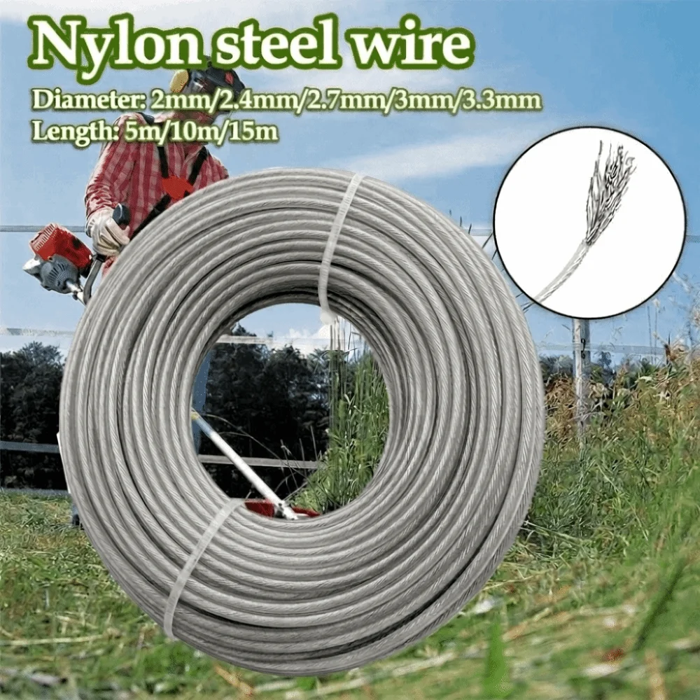 5m/10m/15m*2mm/2.4mm/2.7mm/3mm/3.3mm Grass Trimmer Line Round Shape Nylon and Steel Wire Brush Cutter Rope Sharp Cutting Edge
