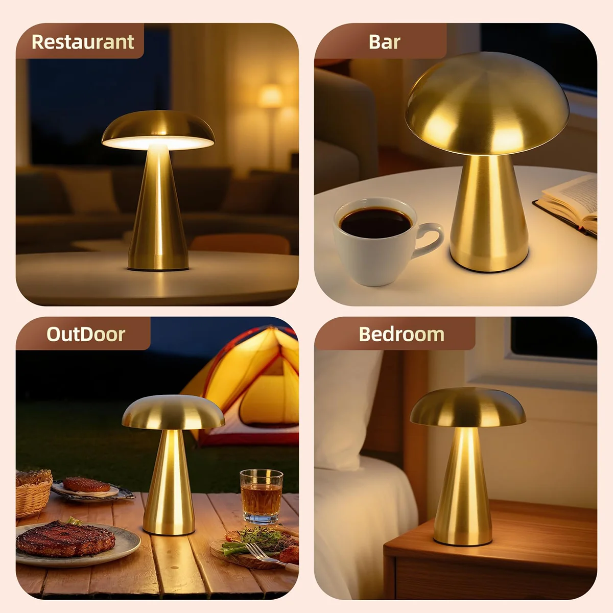 Mushroom Table Lamp Lamp USB Rechargeable Touch Control Cozy Dimmable Rechargeable Bedside Portable Reading Metal Desk Lamp
