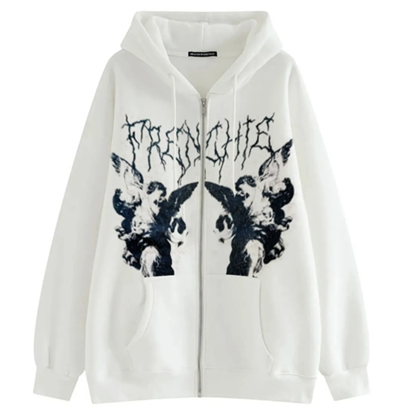 

Gothic Print Pocket Long Sleeve Zipper Hoodies Stitch Sweatshirts Cardigans For Women Oversize Teen Girls Harajuku Coat Sudadera