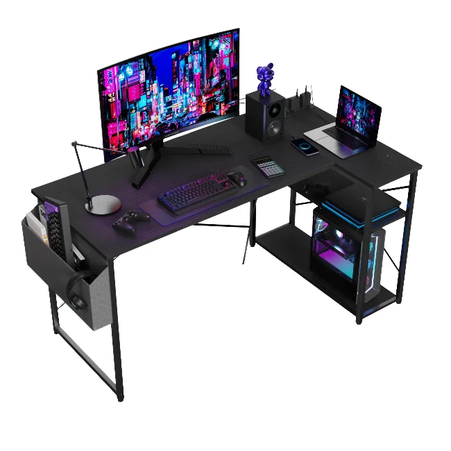 kf- Mounts Modern Extendable Wooden Gaming Desk with Stainless Steel Surface RGB Light Strip for Bedroom Home Office Use！