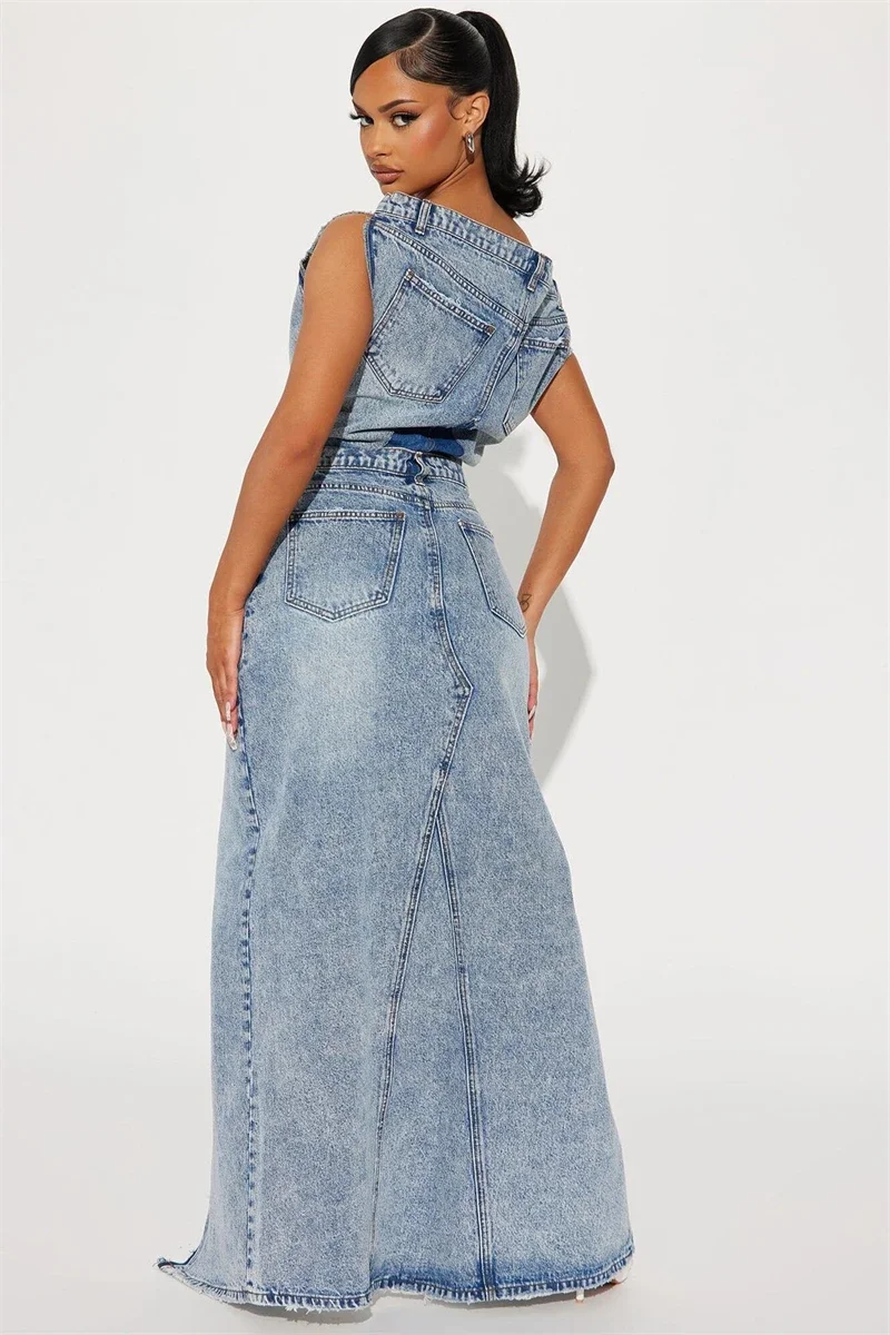 Denim Dress Sets For Two Piece Set Summer Clothes Women 2024 Off Shoulder Crop Top and Skirt Sets Jean 2 Piece Sets Women Outfit