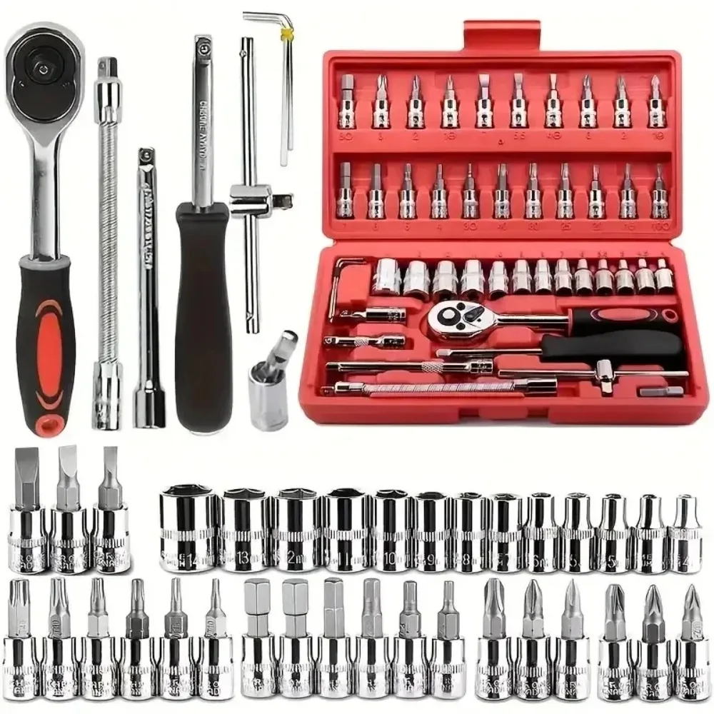 46pc Drive Socket Set 1/4 Inch Ratchet Wrench Set with Sockets Metric Hex Bit Socket Set Mechanic Tool Kits for Auto Repair Hous