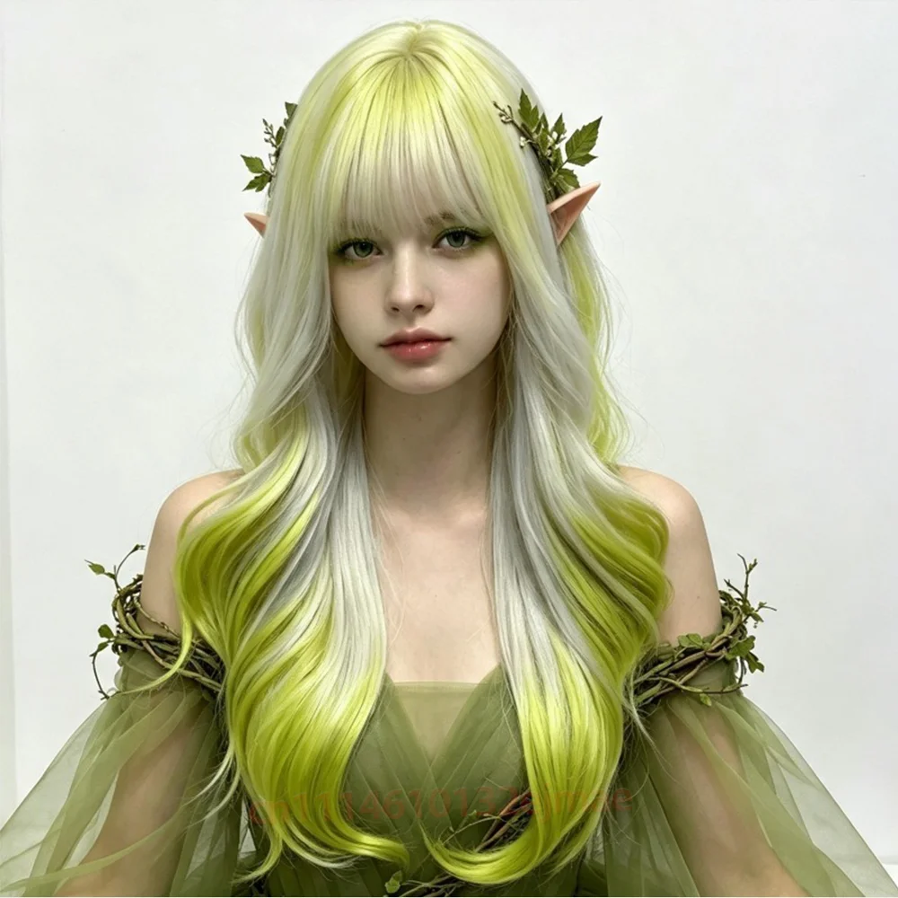 Gold Ombre Green Long Wavy Cosplay Wig for Women Lolita Synthetic Wigs Girl Natural Headband Hair Halloween Party Daily Use