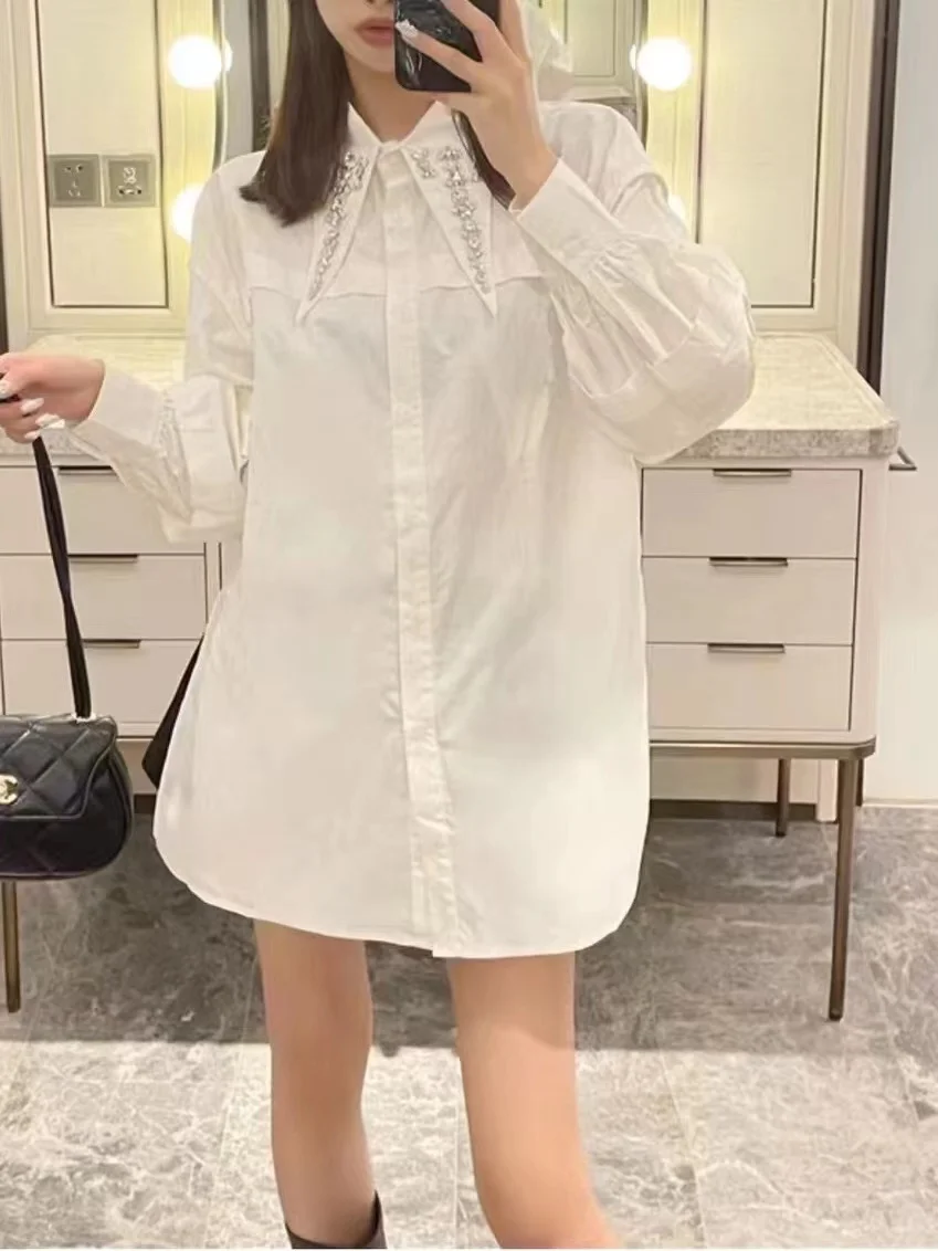 Heavy Exquisite Diamonds Embroidery Mid-Length Oversized Shirts and Blouses For Women 2024 New Loose Long Sleeve Top Blusas