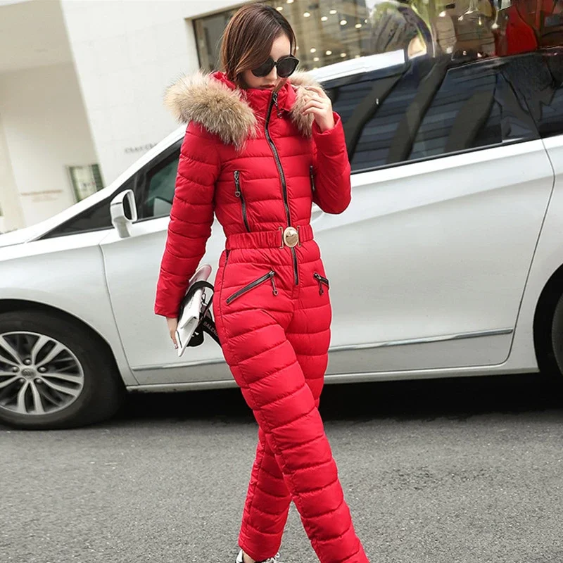 

Winter One Piece Ski Suit Jumpsuits Parka Hooded Cotton-padded Jacket Women Clothes Trends Skinny Bodysuits Belts Zip Snow Suits