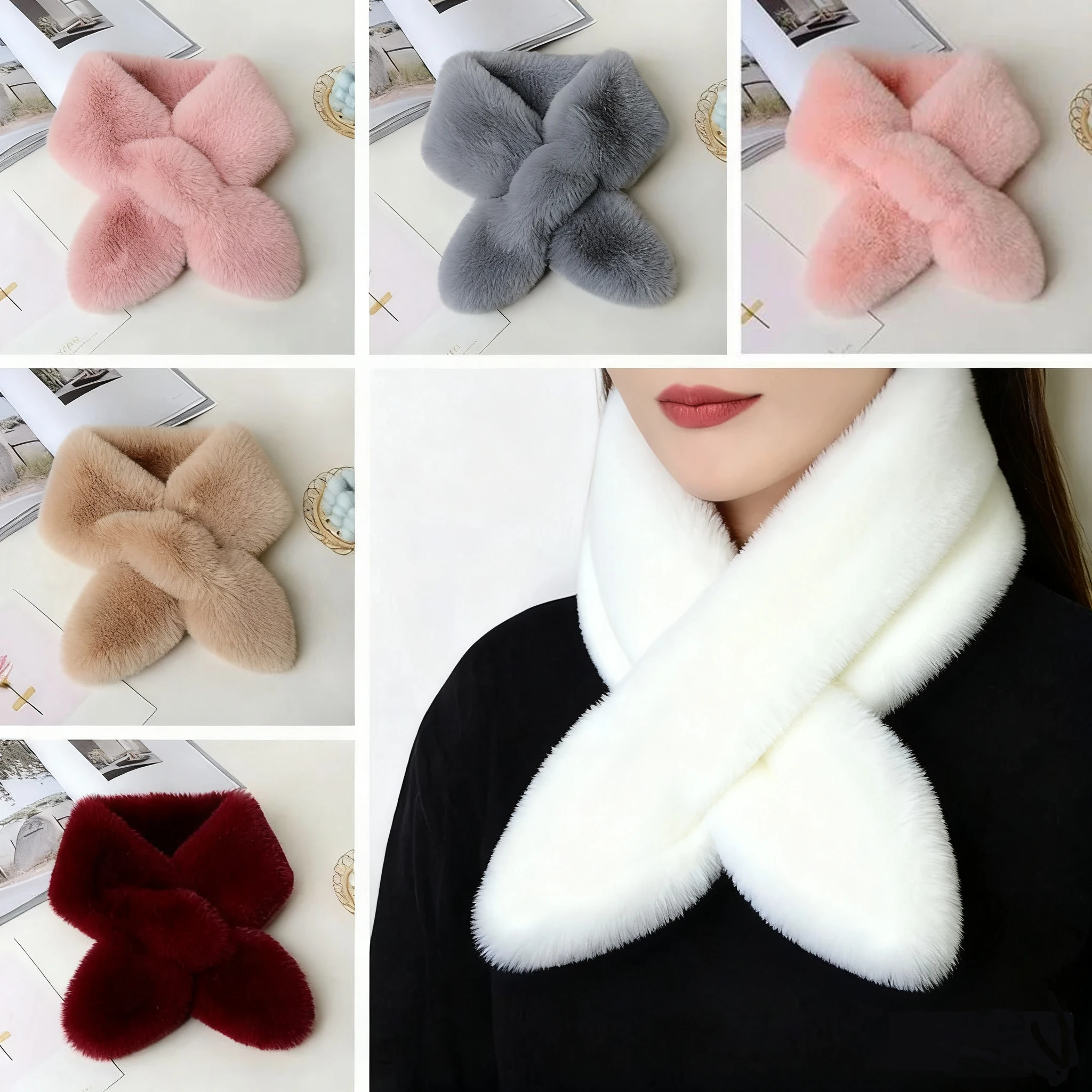 Bonito falso pele de coelho cruz cachecol pescoço mais quente feminino cor sólida pelúcia engrossado inverno gola de pele acessórios versáteis