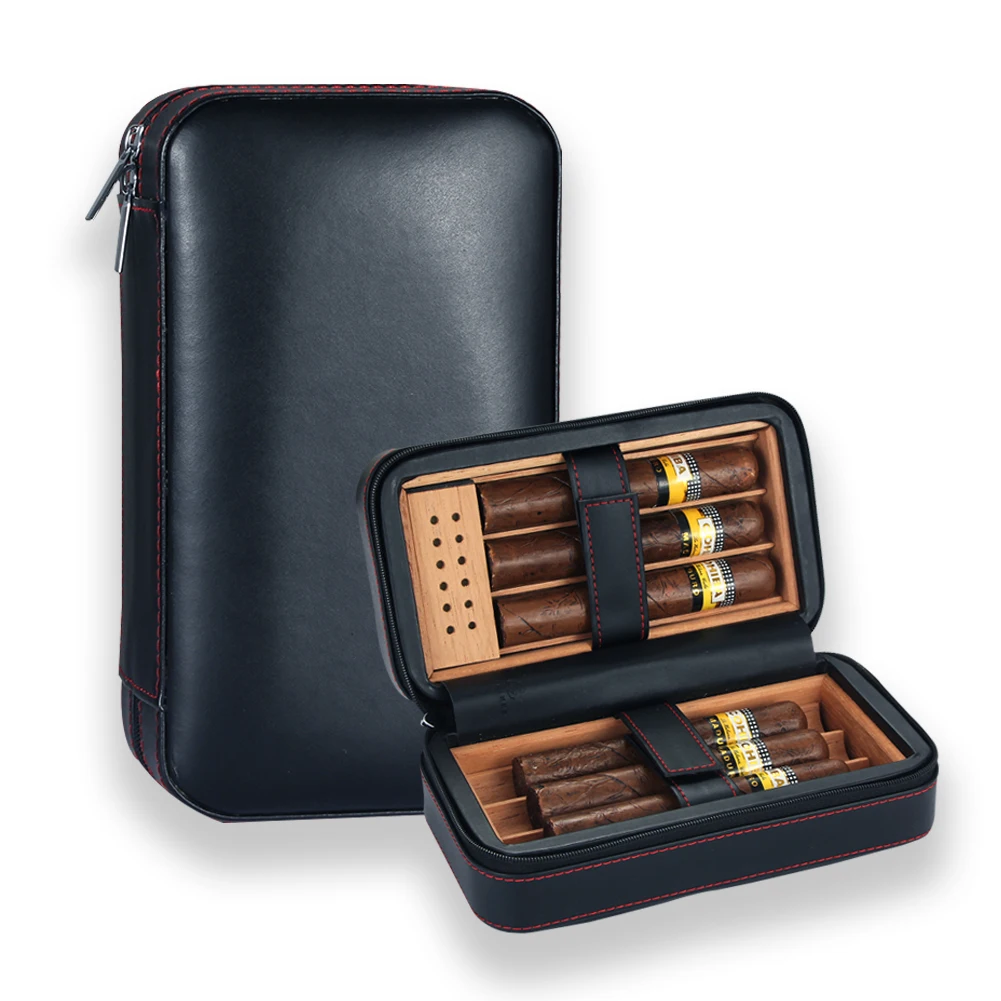 GALINER Leather Cigar Case Cedar Wood Cigar Box Portable Humidifier Humidor Travel Tobacco Accessories For 6 Cigars