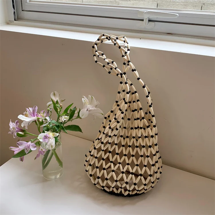 【wonder lamar】Women Handmade big wooden bead beaded hollow out Straw Bag for Summer Beach