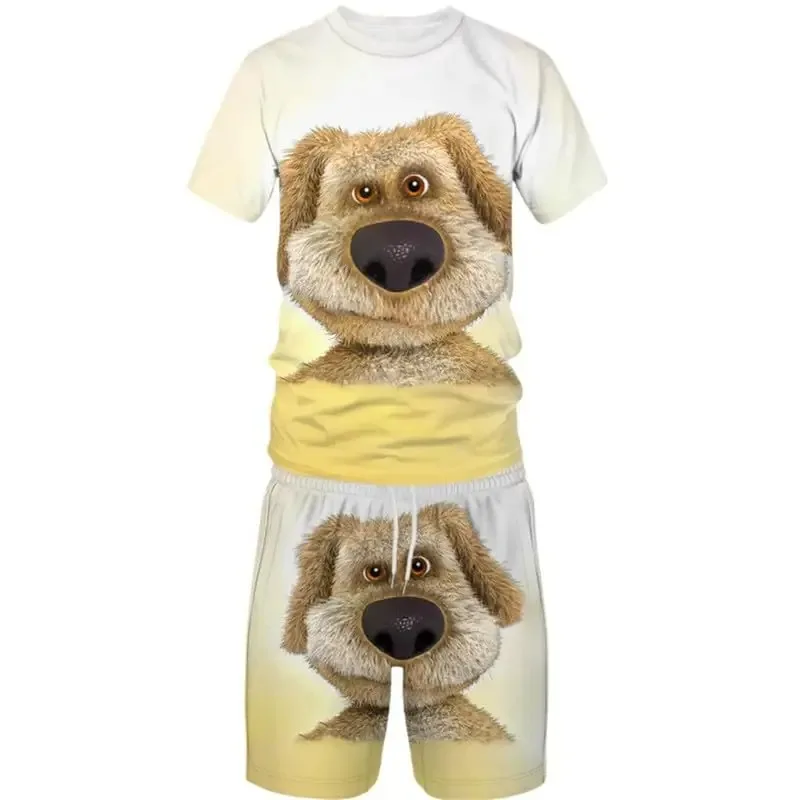 

2025 летний спортивный комплект с короткими рукавами для мужчин и женщин, футболка с 3D принтом милой собаки и шорты, комплект из 2 предметов