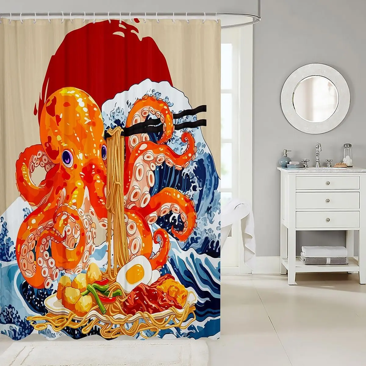 Octopus Ramen Shower Curtain, Japanese Ukiyo-e Wave Art Print, Seafood Noodle Bowl Decor, Waterproof Polyester Fabric