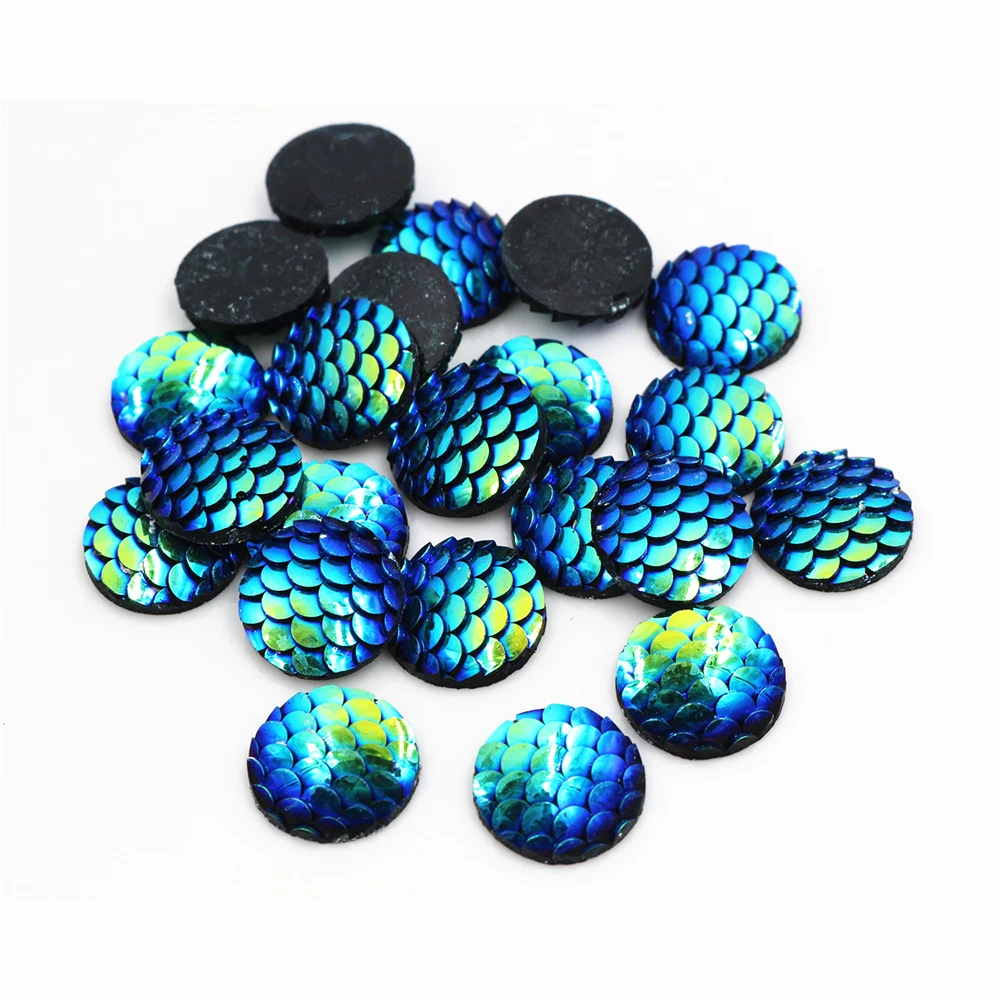 Nowa moda 40 sztuk 8mm 10mm 12mm Ice Blue AB kolory ryby skala styl mieszkanie powrót żywica Cabochon dla bransoletka kolczyki akcesoria