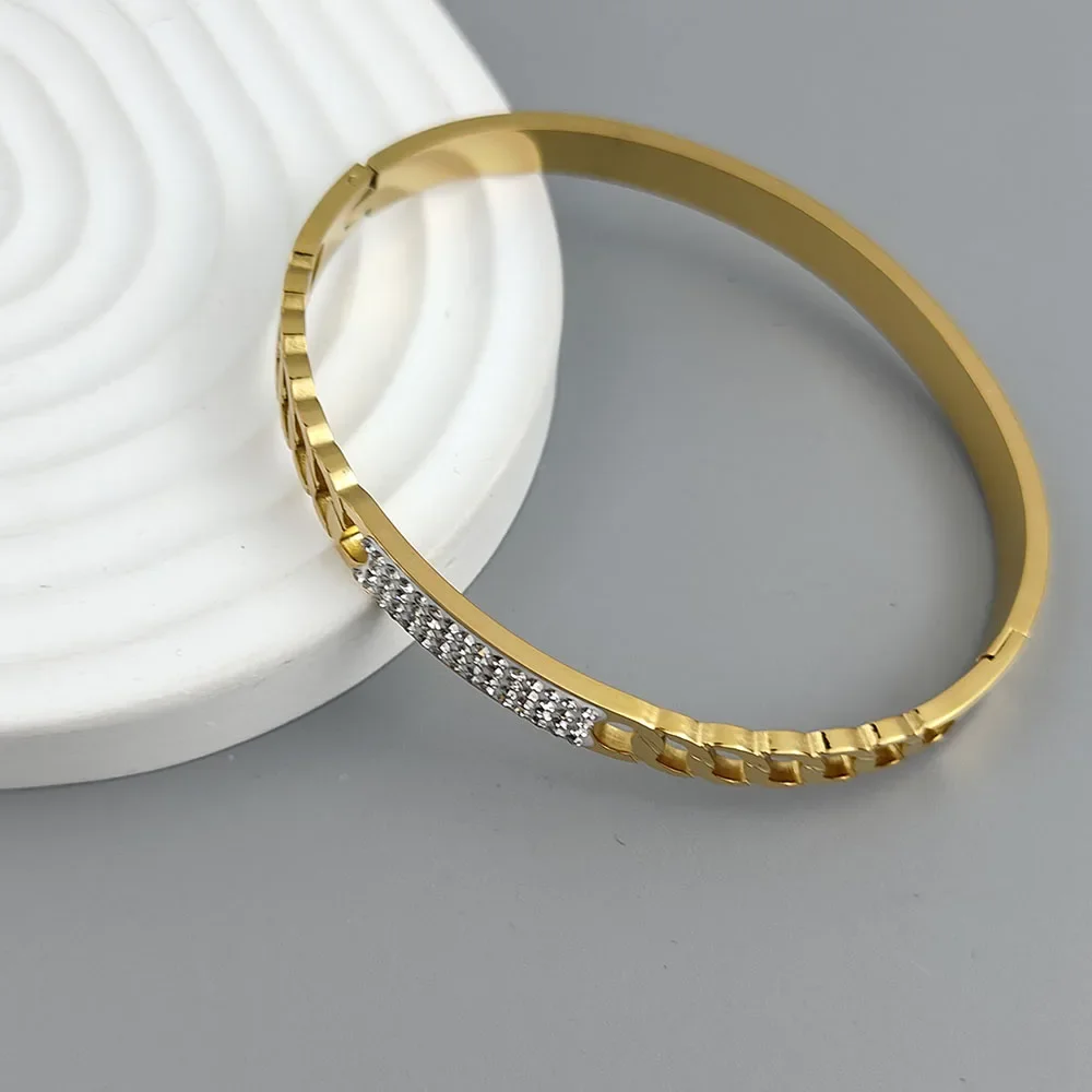 

Trend Fashion Full Rhinestone Stainless Steel Bangle Bracelets Women Men 18K Gold Plated Geometric Cuff Wrist Accessories