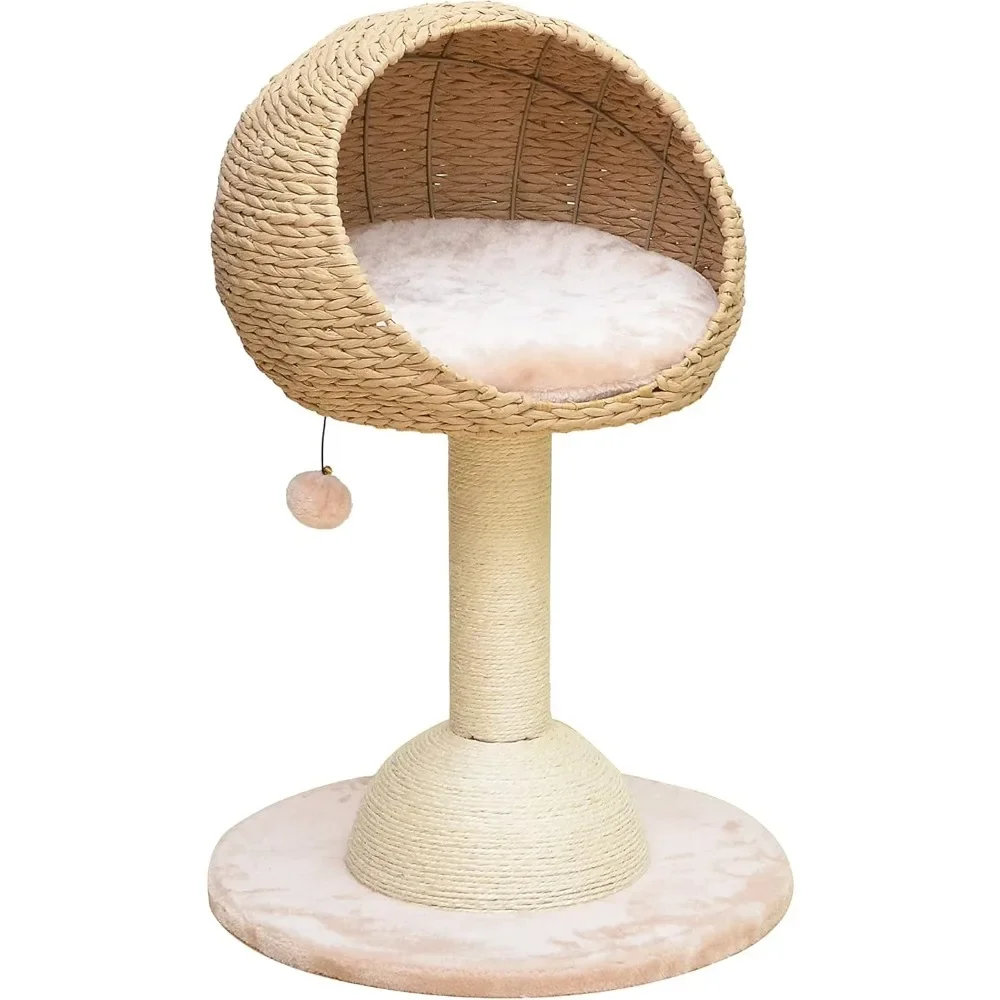 

High Level Handwoven Paper Rope Hoodie Cat Bed with Washable Cushion, Natural Sisal Scratching Post, Pompon Toy