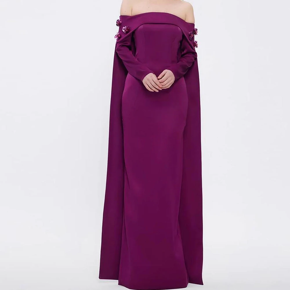 Purple Flowers Sweep Train Off the Shoulder Strapless Evening Dress pleats Long Sleeves Jersey Floor Length Straight Party Gowns