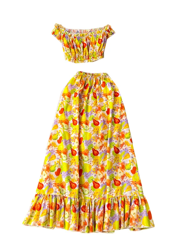 Vaion Sle Dopane Sweet Small Print One oulder ort Folded Hem High Waist Pleated Long Skirt Set ผู้หญิงแฟชั่น