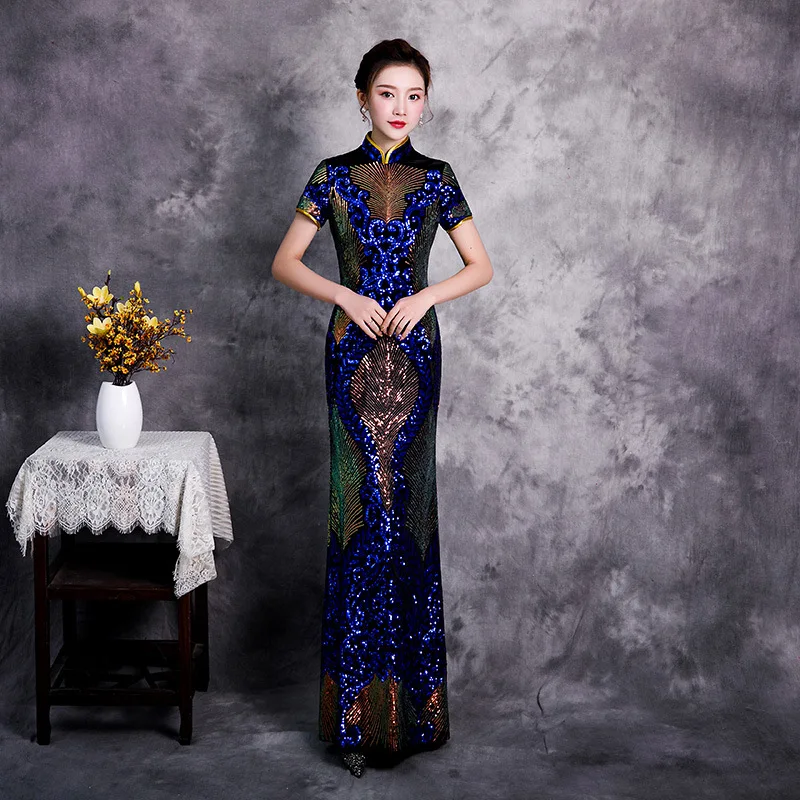 

Chinese Style Improved Velour Short Sleeve Cheongsam Elegant Sparkly Exquisite Sequins Qipao