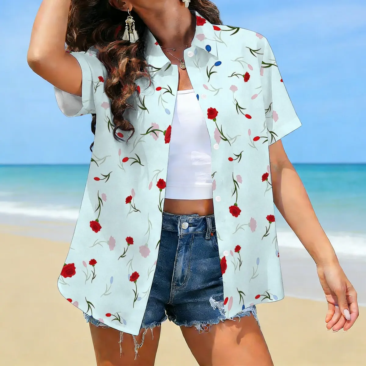 Women's Summer Small Floral Short-Sleeve Shirt, Fresh Forest-Style Plus-Size Sun Protection Top, Perfect for Beach Vacations view 3