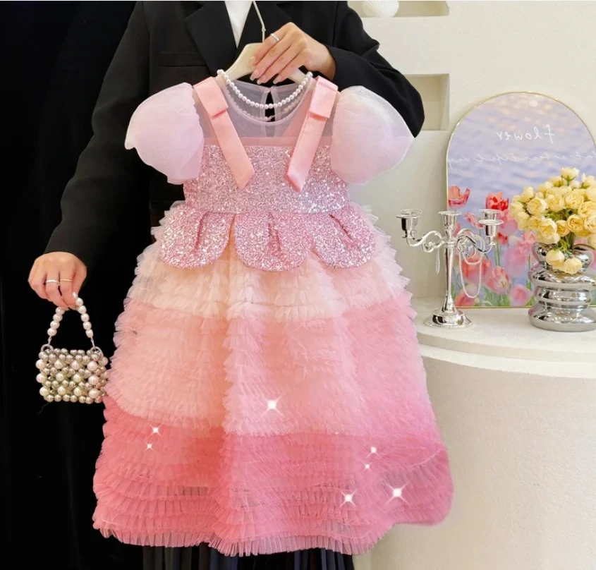 

New Baby Summer Girls Boutique Blue Sequined Mesh Flower Dress, Princess Kids Candy Party Dresses 3-8T