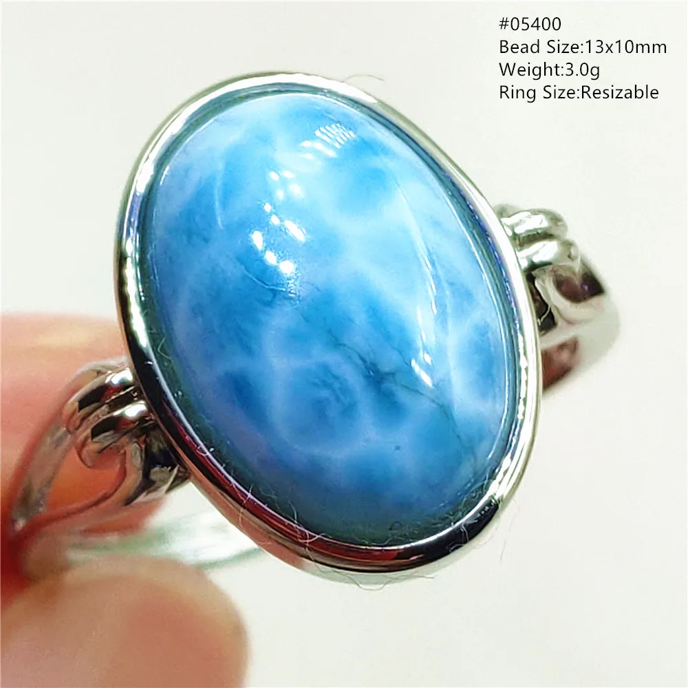 Natural Blue Larimar Oval Adjustable Ring Jewelry Water Pattern Real Larimar For Women Men Healing Fashion Stone AAAAAA