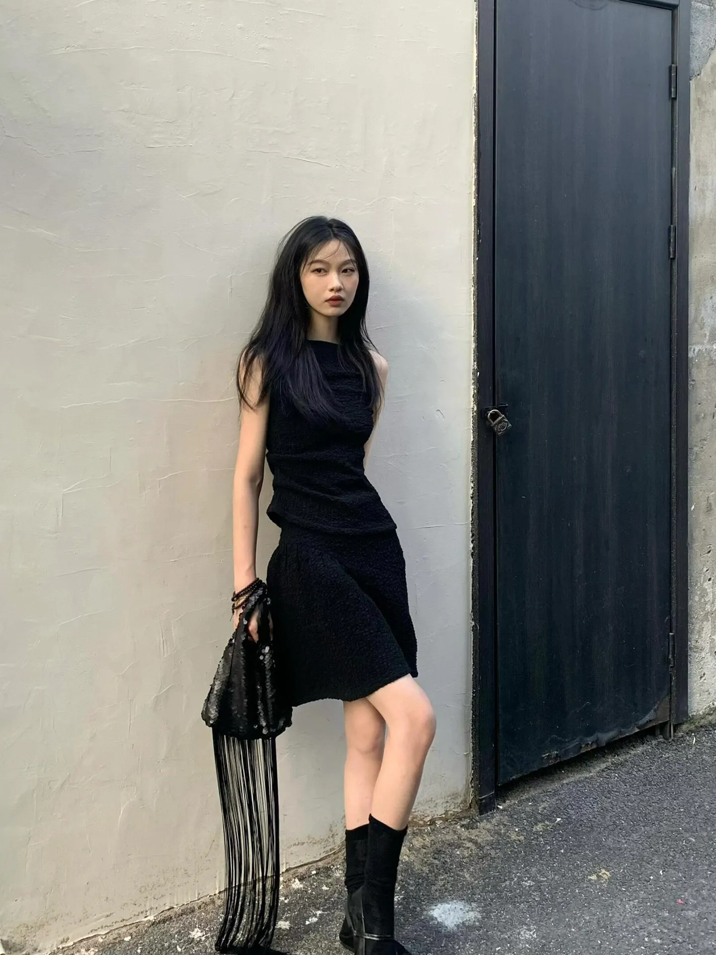 

FEMPILOT Korean Sle Bla oulder Svel Vest High Waist Pleated Skirt Set Faionable Spring Outfit for W...