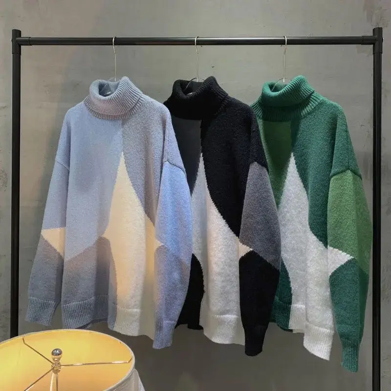 2023 Autumn and Winter Men\'s New Fashion High Neck Panel Sweater Thick Fashion Loose Relaxed Comfortable Versatile Top