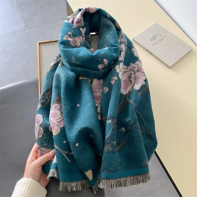 2024 Luxury Floral Print Scarf for Women Warmer Winter Cashmere Pashmina Scarves Shawls Female Thick Blanket Wraps Foulard