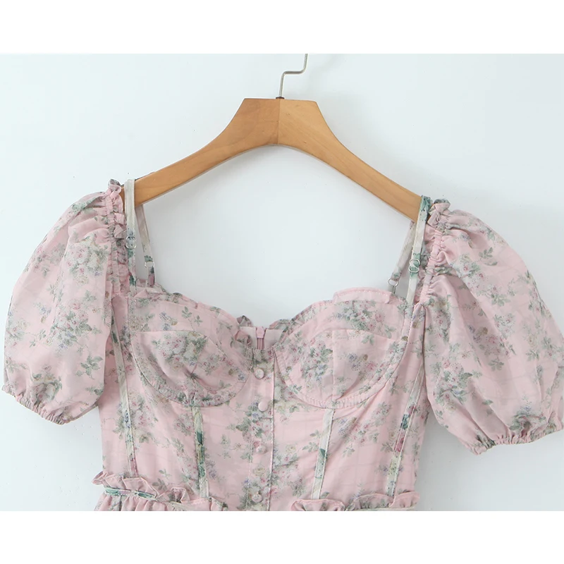 YENKYE Vintage Bloemenprint Boho Jurk Vrouwen Vintage Bladerdeeg Mouw Sjerpen A-lijn Midi Vakantie Zomer Jurken Party Gewaad