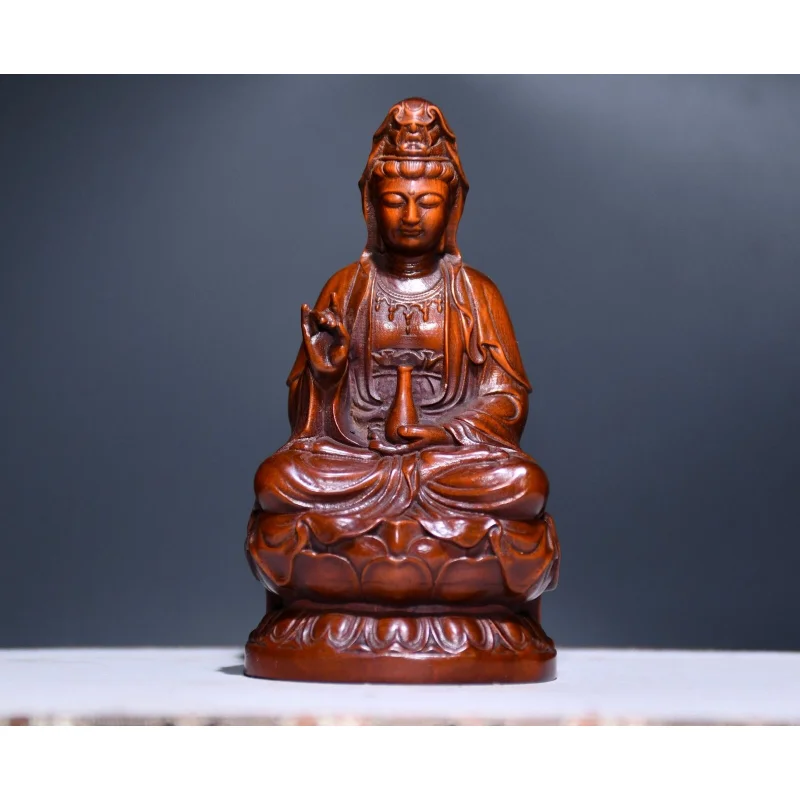 

4" Collection Chinese Box-wood Hand Engraving Buddhism Guanyin Kwan-yin Statue Craft Gift Decoration Home Decore